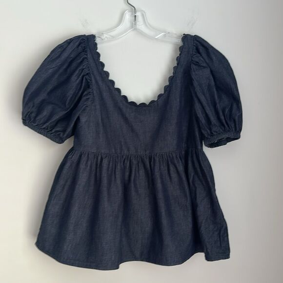 Kika Vargas x Target Puff Sleeve Peplum Top XS Navy Chambray Scalloped Neckline - Picture 4 of 10